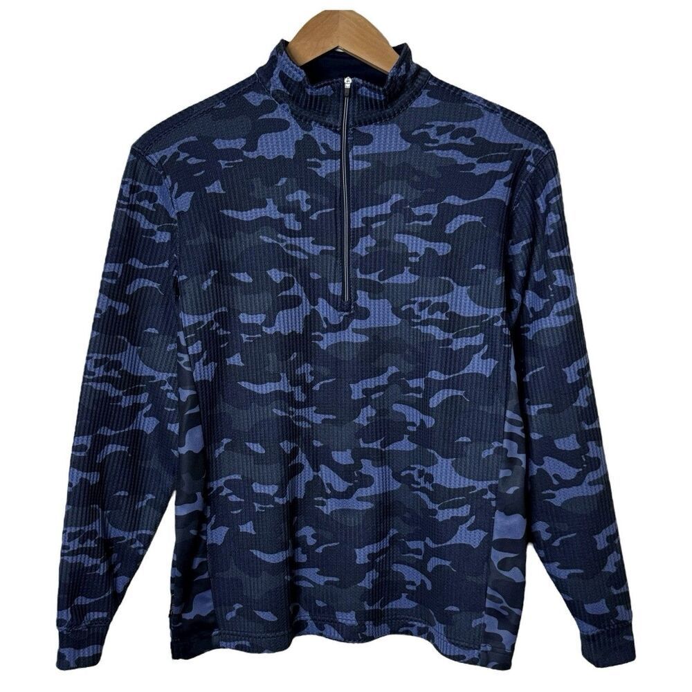Straight Down Mens Blue Camo 1/4 Zip Golf Waffle Knit Pullover Size Small